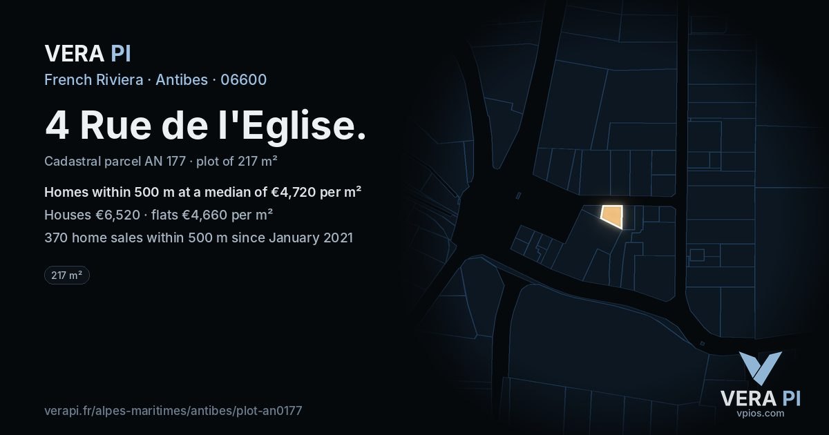 4 Rue de l'Eglise, Antibes at night – the plot lit, the parcels around coloured by the prices near them