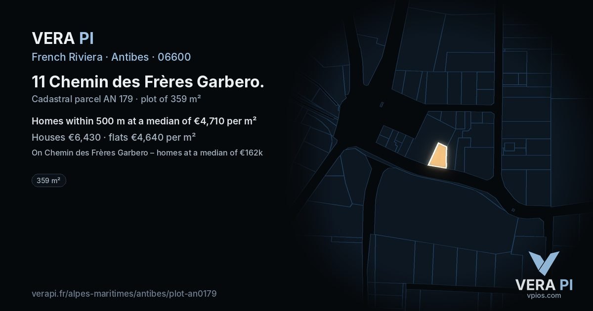 11 Chemin des Frères Garbero, Antibes at night – the plot lit, the parcels around coloured by the prices near them