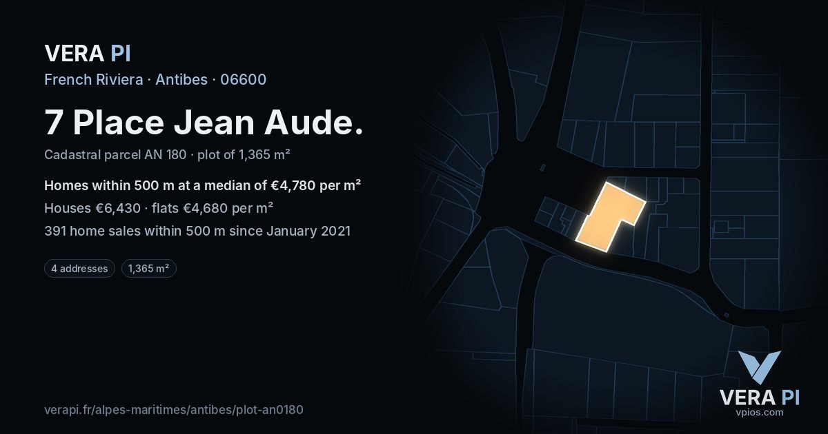 7 Place Jean Aude, Antibes at night – the plot lit, the parcels around coloured by the prices near them