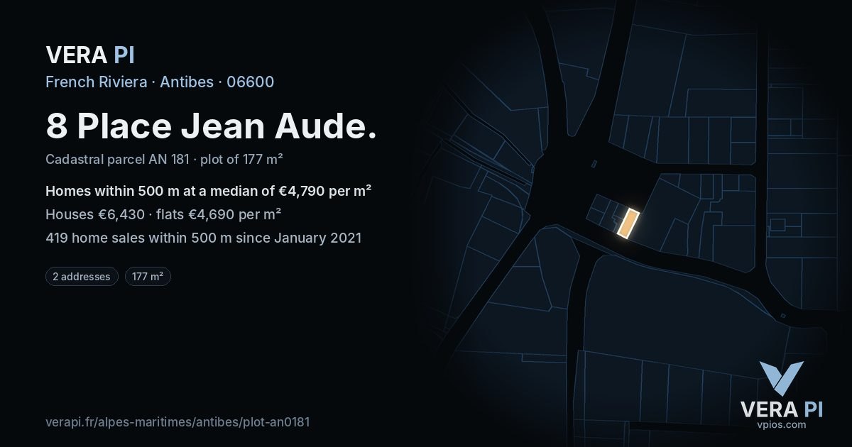 8 Place Jean Aude, Antibes at night – the plot lit, the parcels around coloured by the prices near them