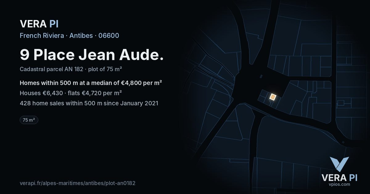 9 Place Jean Aude, Antibes at night – the plot lit, the parcels around coloured by the prices near them