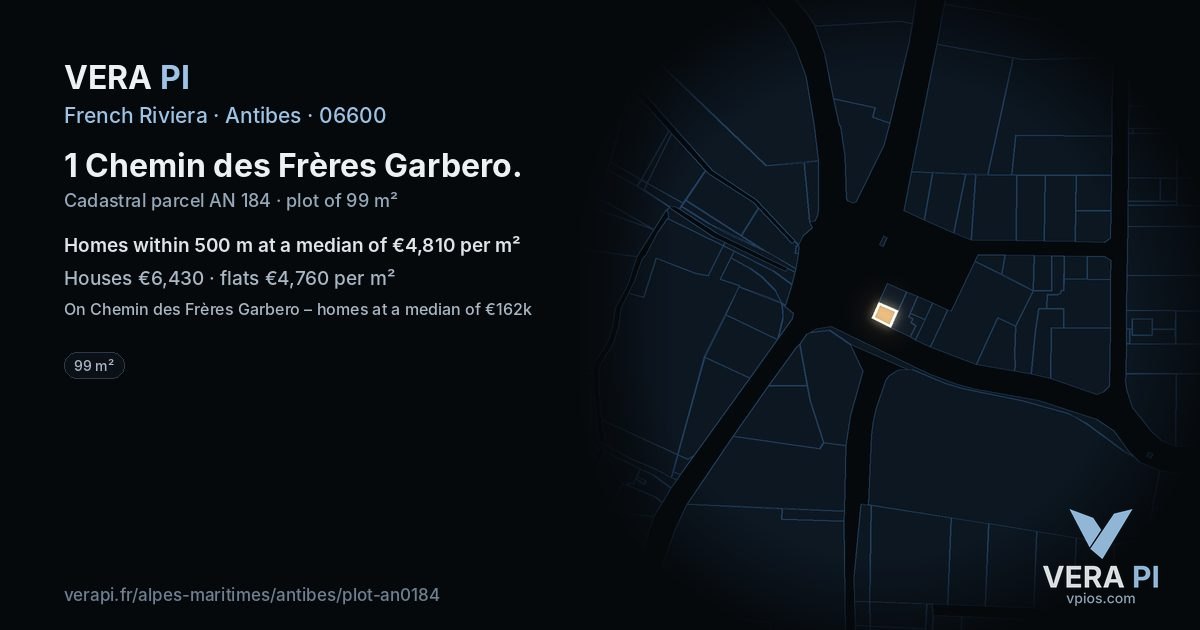 1 Chemin des Frères Garbero, Antibes at night – the plot lit, the parcels around coloured by the prices near them