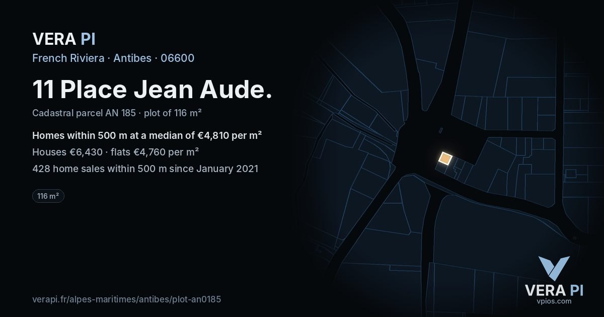 11 Place Jean Aude, Antibes at night – the plot lit, the parcels around coloured by the prices near them