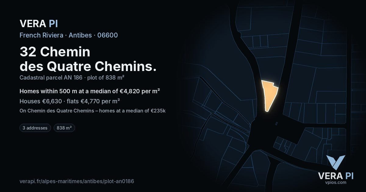32 Chemin des Quatre Chemins, Antibes at night – the plot lit, the parcels around coloured by the prices near them