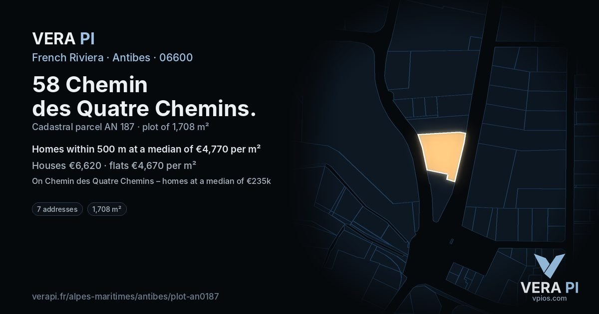 58 Chemin des Quatre Chemins, Antibes at night – the plot lit, the parcels around coloured by the prices near them