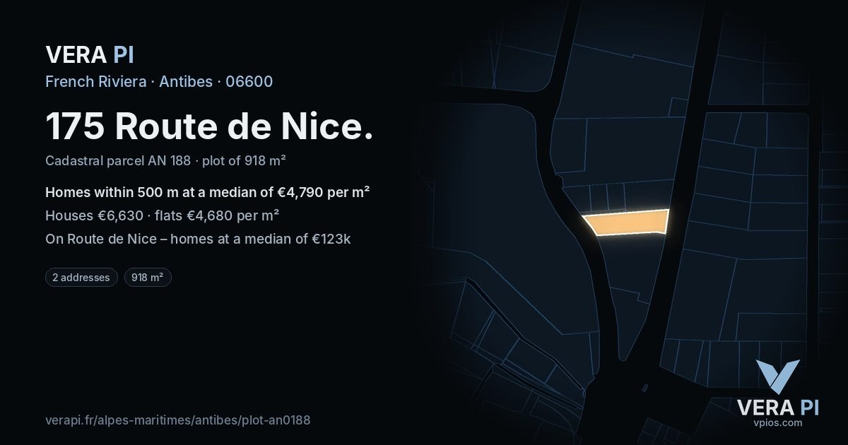 175 Route de Nice, Antibes at night – the plot lit, the parcels around coloured by the prices near them