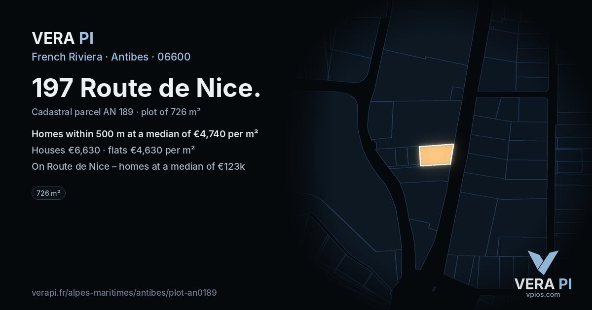 197 Route de Nice, Antibes at night – the plot lit, the parcels around coloured by the prices near them