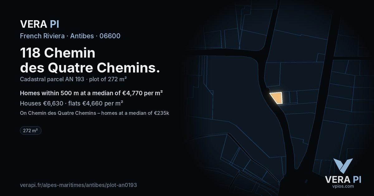 118 Chemin des Quatre Chemins, Antibes at night – the plot lit, the parcels around coloured by the prices near them