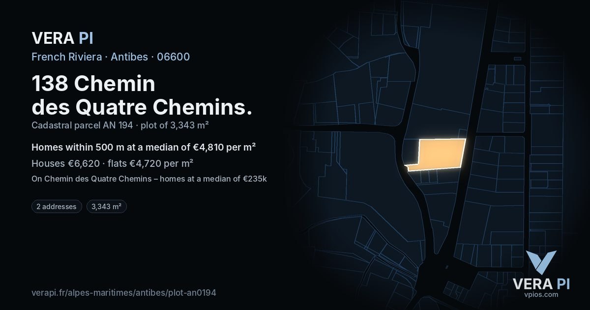 138 Chemin des Quatre Chemins, Antibes at night – the plot lit, the parcels around coloured by the prices near them