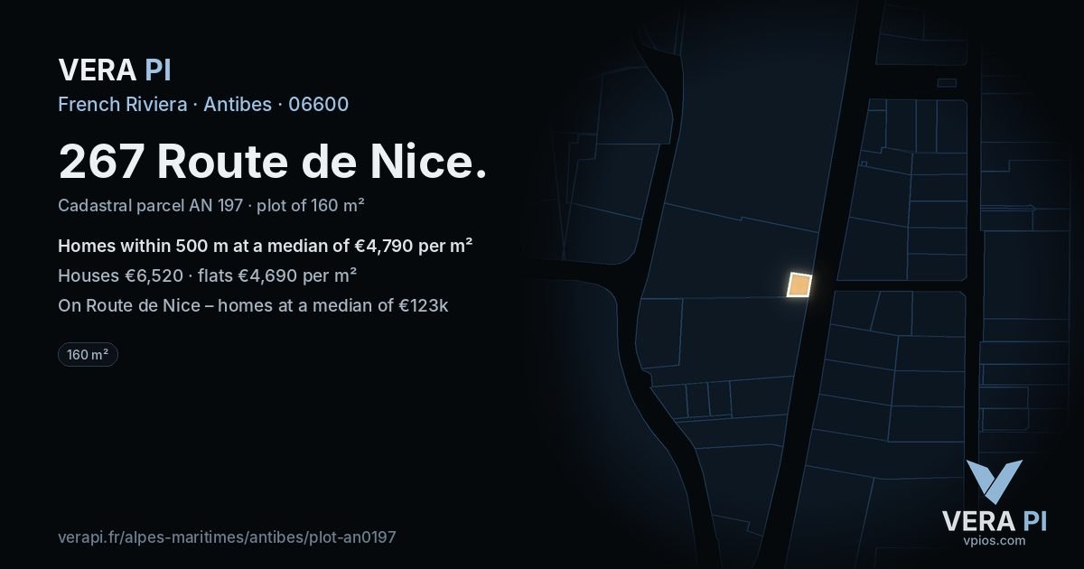 267 Route de Nice, Antibes at night – the plot lit, the parcels around coloured by the prices near them