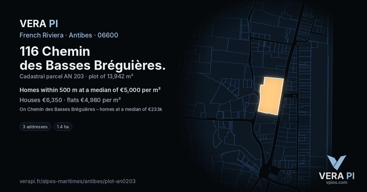116 Chemin des Basses Bréguières, Antibes at night – the plot lit, the parcels around coloured by the prices near them