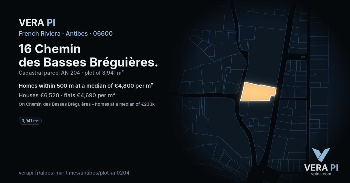 16 Chemin des Basses Bréguières, Antibes at night – the plot lit, the parcels around coloured by the prices near them