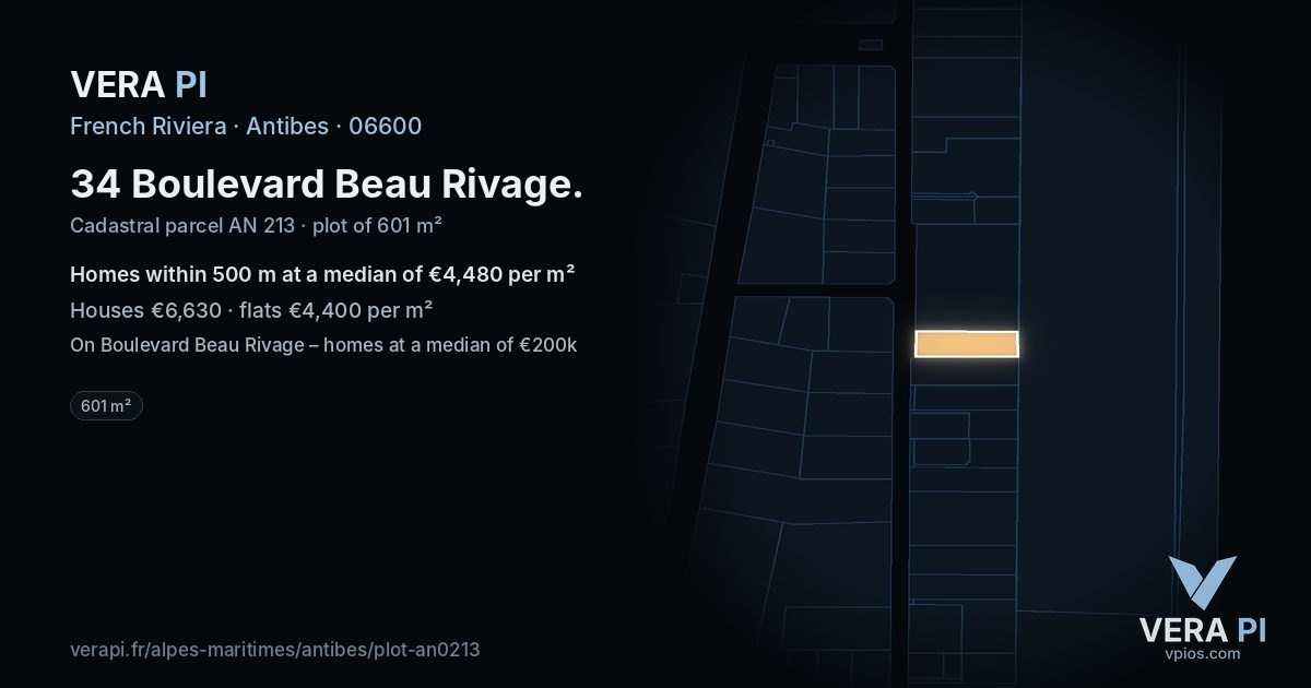 34 Boulevard Beau Rivage, Antibes at night – the plot lit, the parcels around coloured by the prices near them