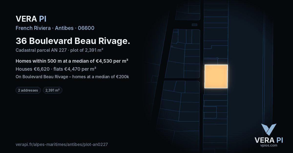 36 Boulevard Beau Rivage, Antibes at night – the plot lit, the parcels around coloured by the prices near them