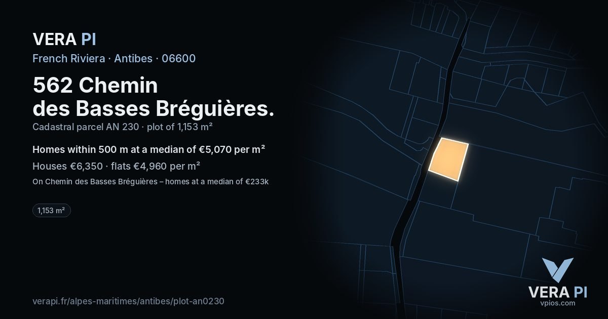 562 Chemin des Basses Bréguières, Antibes at night – the plot lit, the parcels around coloured by the prices near them