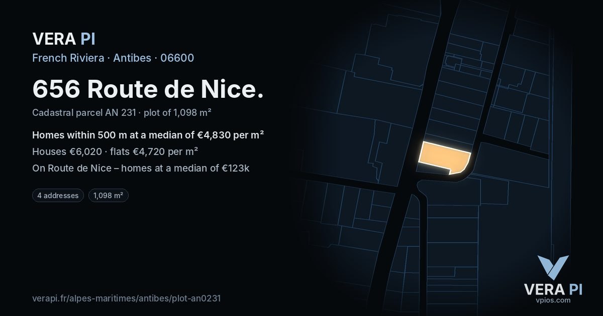 656 Route de Nice, Antibes at night – the plot lit, the parcels around coloured by the prices near them