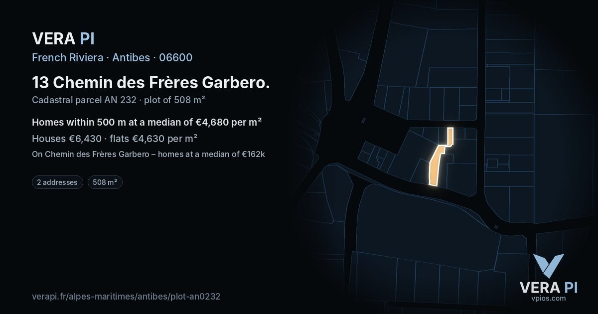 13 Chemin des Frères Garbero, Antibes at night – the plot lit, the parcels around coloured by the prices near them