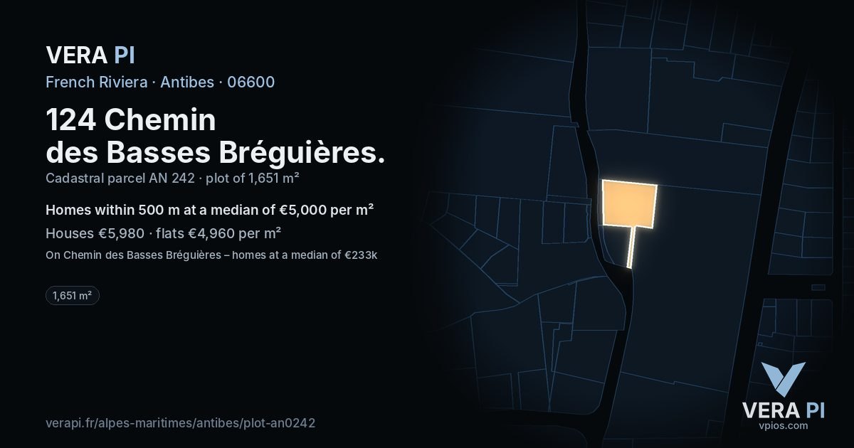124 Chemin des Basses Bréguières, Antibes at night – the plot lit, the parcels around coloured by the prices near them