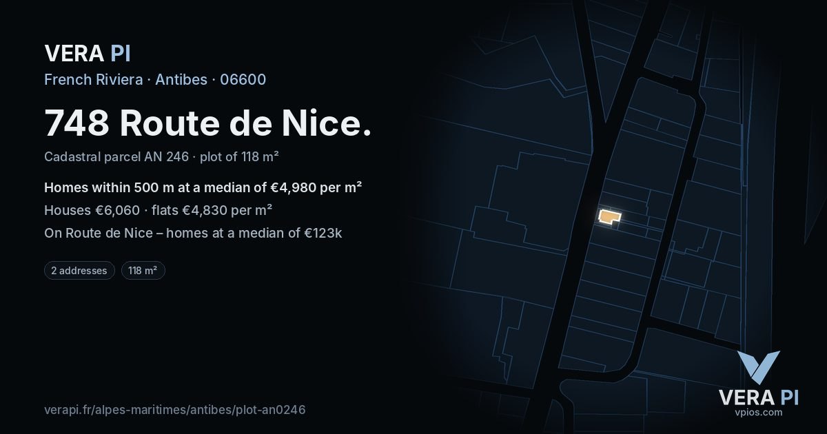 748 Route de Nice, Antibes at night – the plot lit, the parcels around coloured by the prices near them