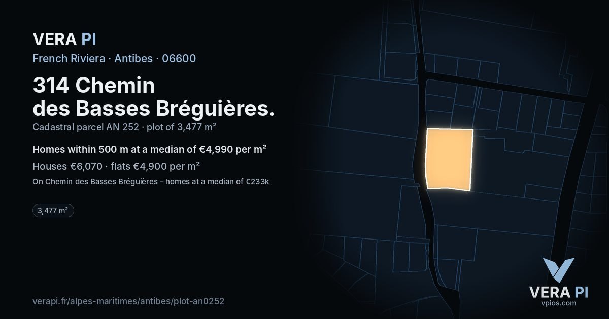 314 Chemin des Basses Bréguières, Antibes at night – the plot lit, the parcels around coloured by the prices near them