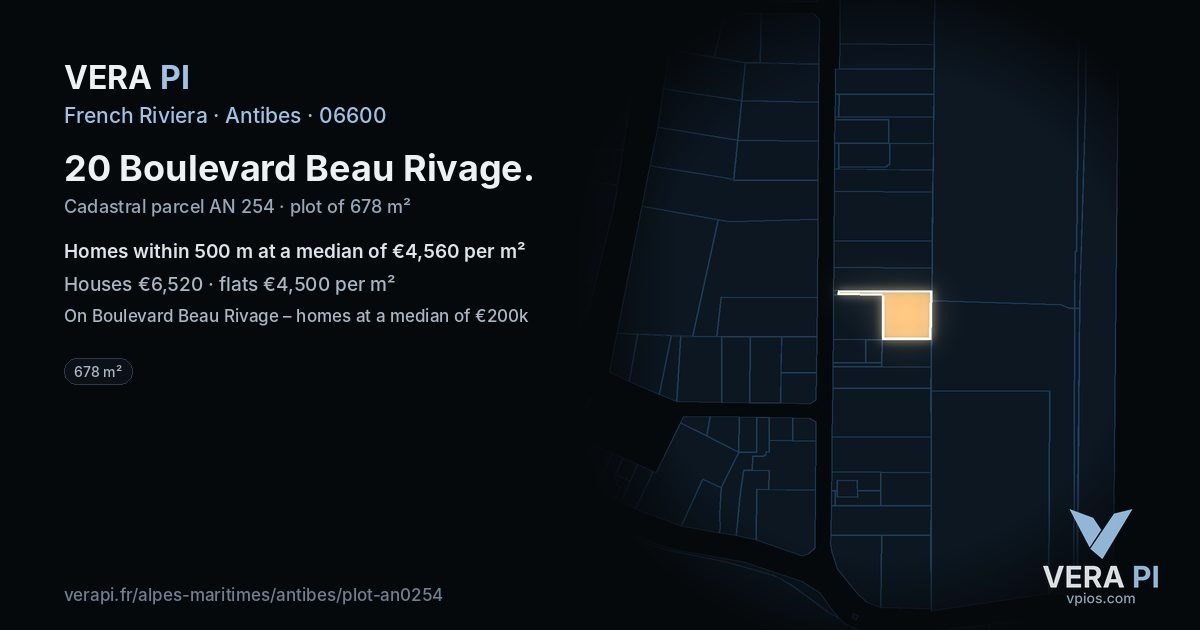 20 Boulevard Beau Rivage, Antibes at night – the plot lit, the parcels around coloured by the prices near them