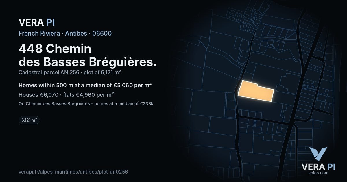 448 Chemin des Basses Bréguières, Antibes at night – the plot lit, the parcels around coloured by the prices near them