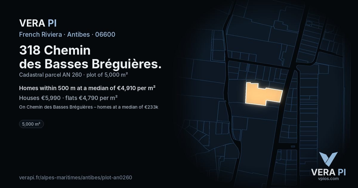 318 Chemin des Basses Bréguières, Antibes at night – the plot lit, the parcels around coloured by the prices near them
