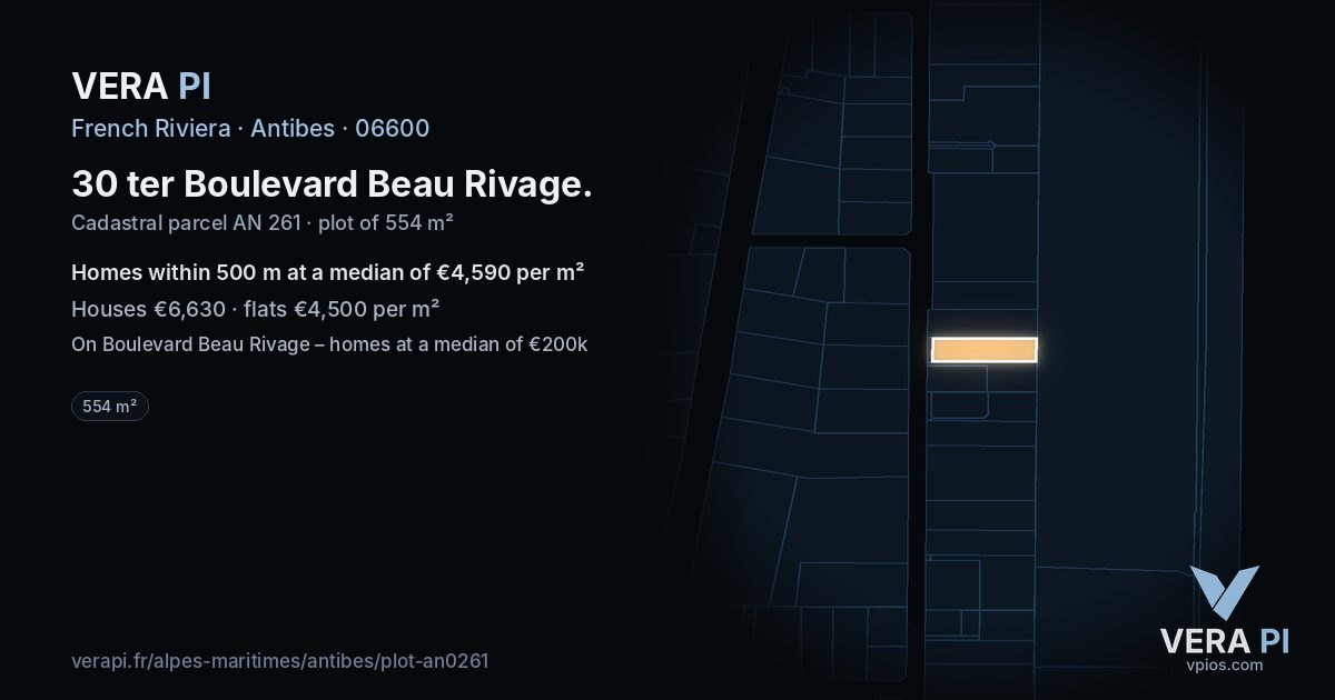 30 ter Boulevard Beau Rivage, Antibes at night – the plot lit, the parcels around coloured by the prices near them