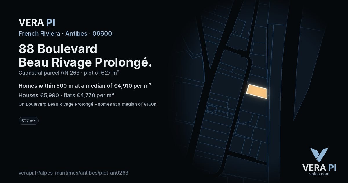 88 Boulevard Beau Rivage Prolongé, Antibes at night – the plot lit, the parcels around coloured by the prices near them