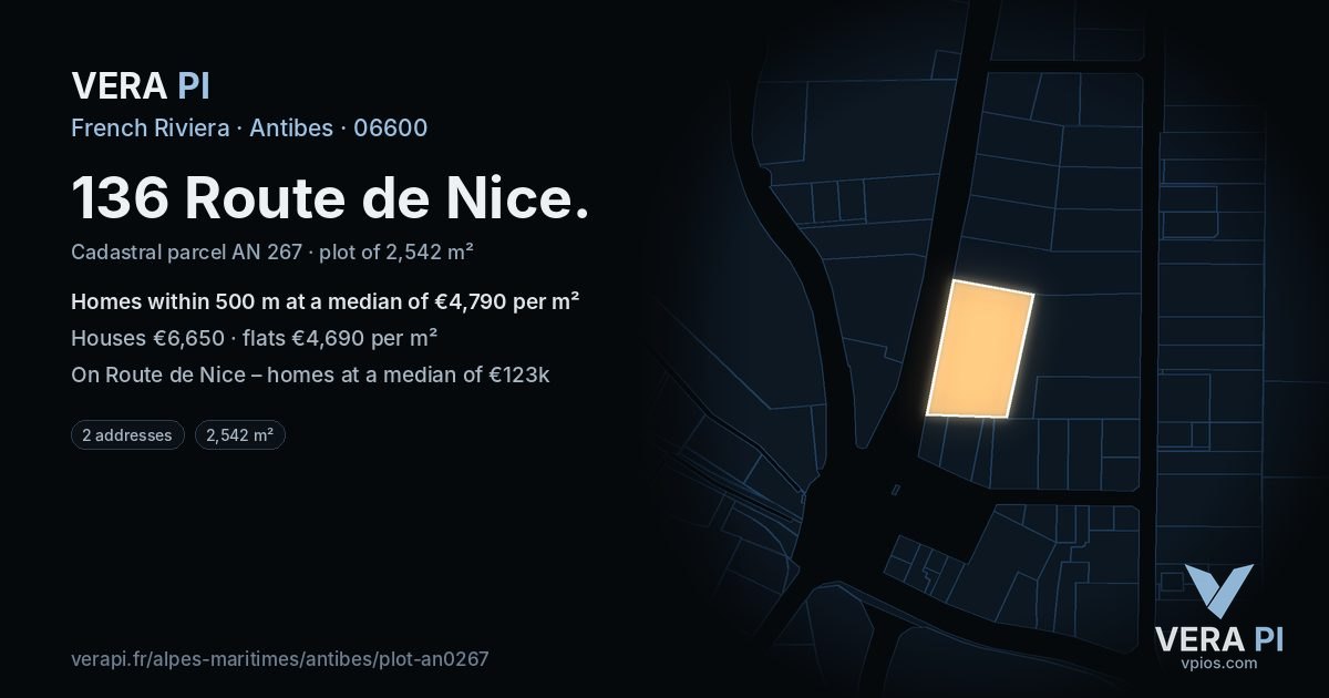 136 Route de Nice, Antibes at night – the plot lit, the parcels around coloured by the prices near them