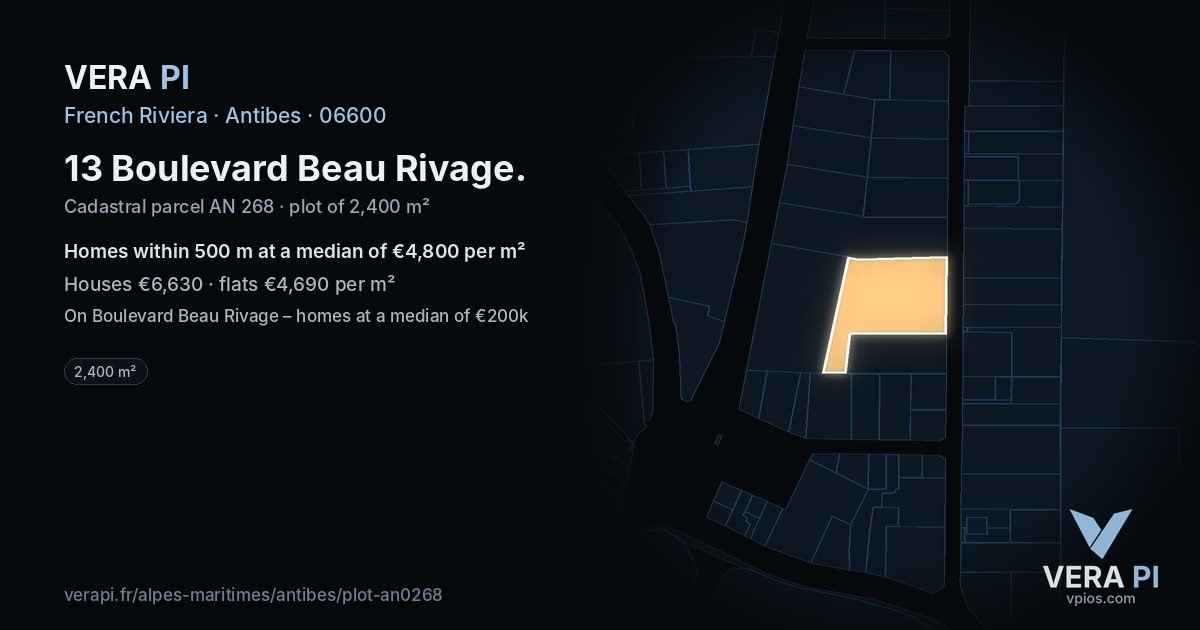13 Boulevard Beau Rivage, Antibes at night – the plot lit, the parcels around coloured by the prices near them