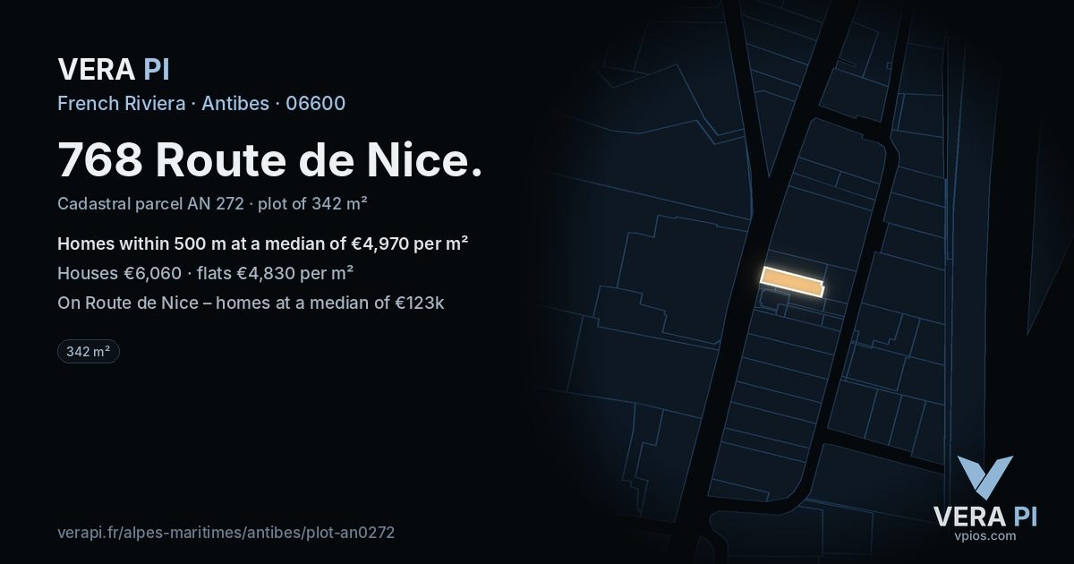 768 Route de Nice, Antibes at night – the plot lit, the parcels around coloured by the prices near them