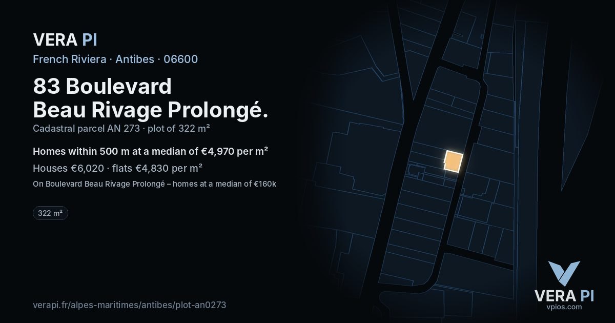 83 Boulevard Beau Rivage Prolongé, Antibes at night – the plot lit, the parcels around coloured by the prices near them