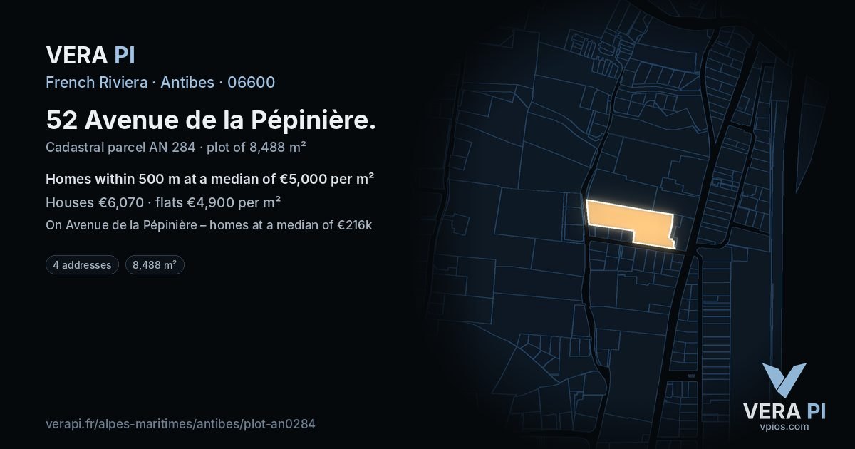 52 Avenue de la Pépinière, Antibes at night – the plot lit, the parcels around coloured by the prices near them