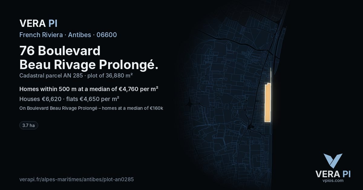 76 Boulevard Beau Rivage Prolongé, Antibes at night – the plot lit, the parcels around coloured by the prices near them