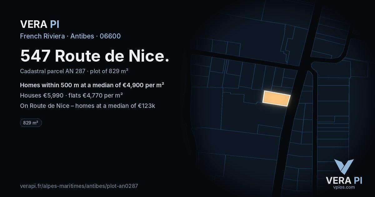 547 Route de Nice, Antibes at night – the plot lit, the parcels around coloured by the prices near them