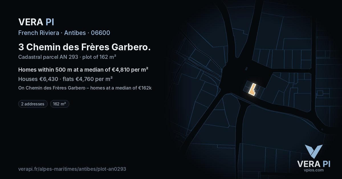 3 Chemin des Frères Garbero, Antibes at night – the plot lit, the parcels around coloured by the prices near them