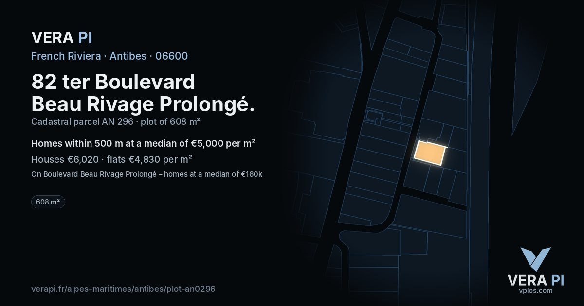 82 ter Boulevard Beau Rivage Prolongé, Antibes at night – the plot lit, the parcels around coloured by the prices near them