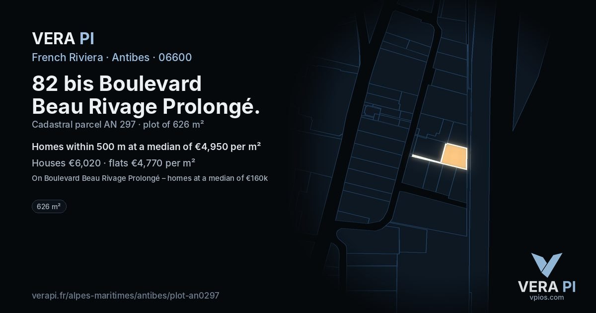 82 bis Boulevard Beau Rivage Prolongé, Antibes at night – the plot lit, the parcels around coloured by the prices near them