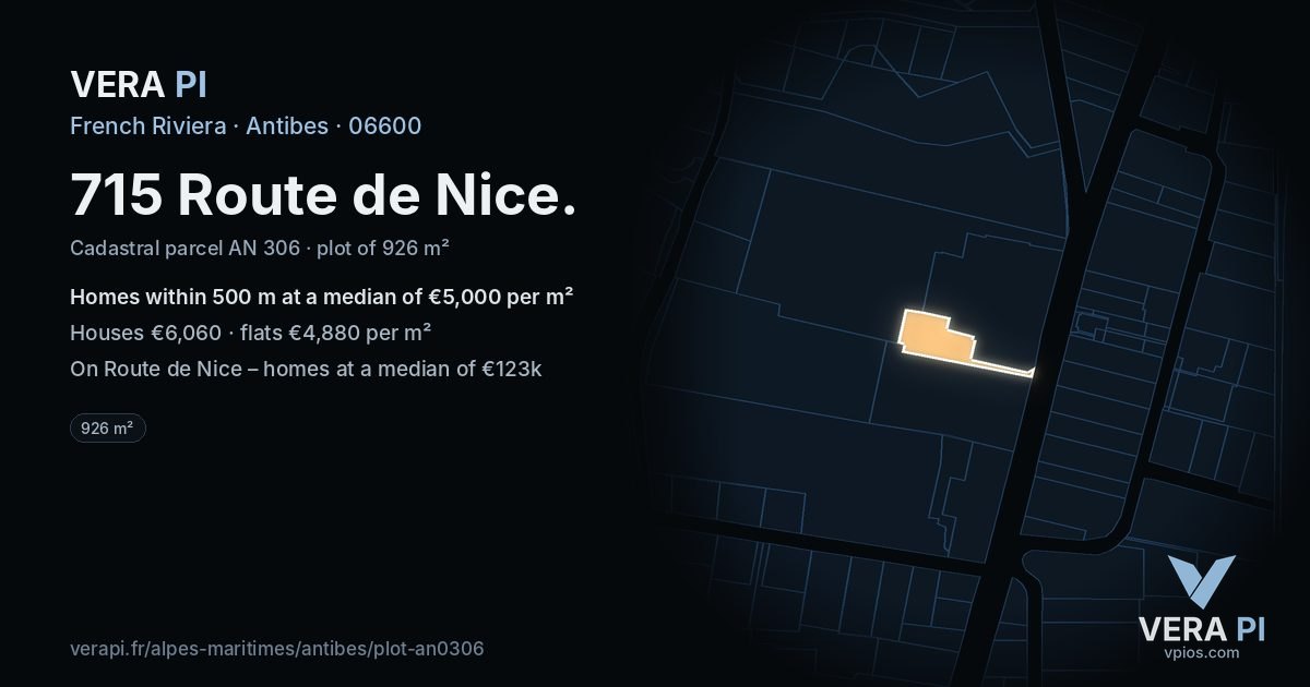 715 Route de Nice, Antibes at night – the plot lit, the parcels around coloured by the prices near them