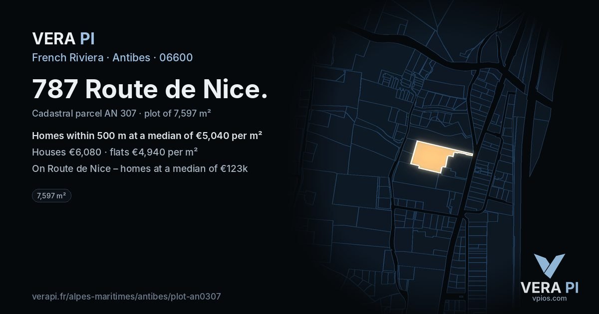 787 Route de Nice, Antibes at night – the plot lit, the parcels around coloured by the prices near them