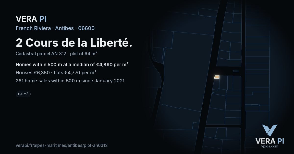 2 Cours de la Liberté, Antibes at night – the plot lit, the parcels around coloured by the prices near them