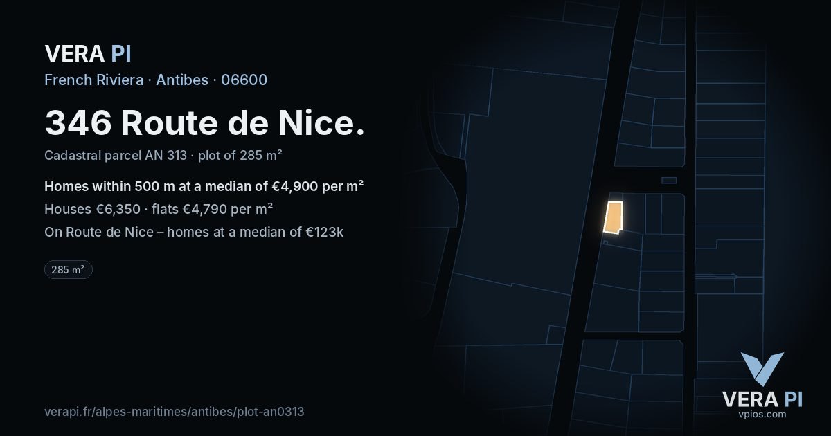 346 Route de Nice, Antibes at night – the plot lit, the parcels around coloured by the prices near them