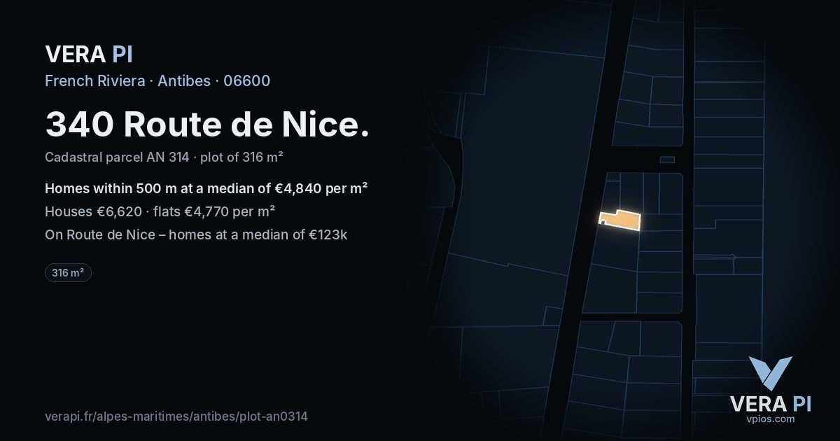 340 Route de Nice, Antibes at night – the plot lit, the parcels around coloured by the prices near them