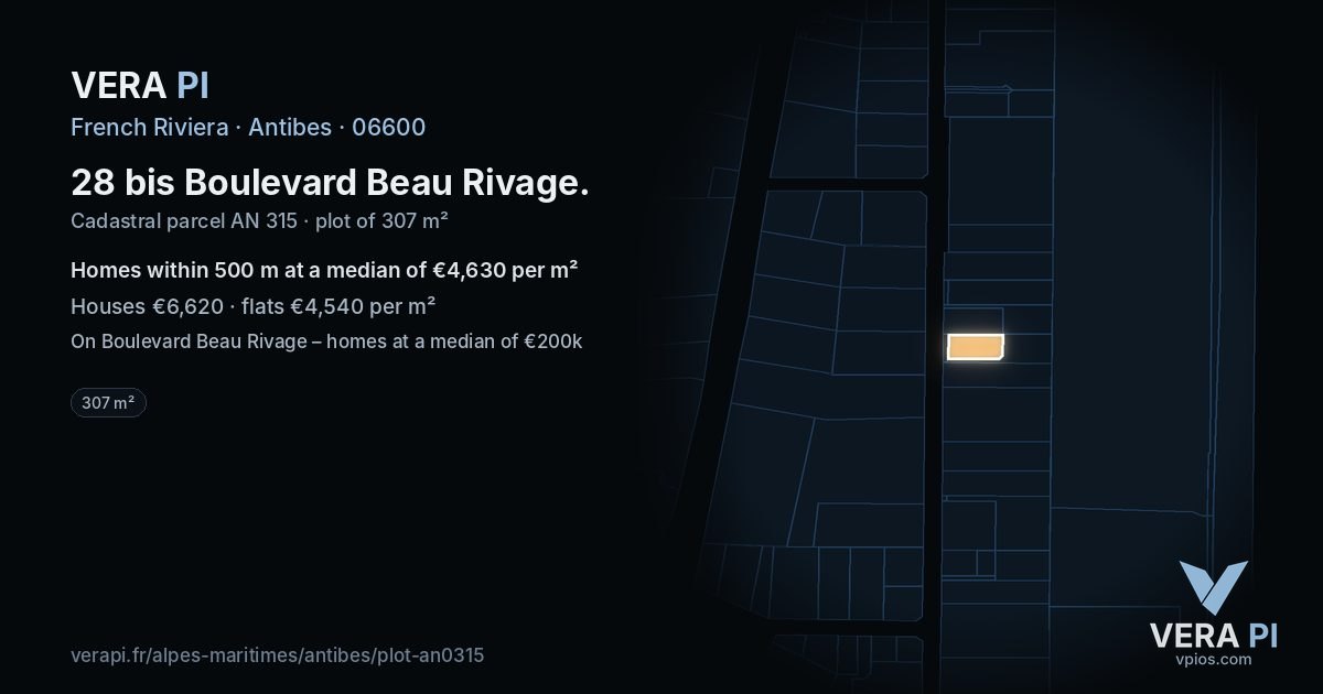 28 bis Boulevard Beau Rivage, Antibes at night – the plot lit, the parcels around coloured by the prices near them