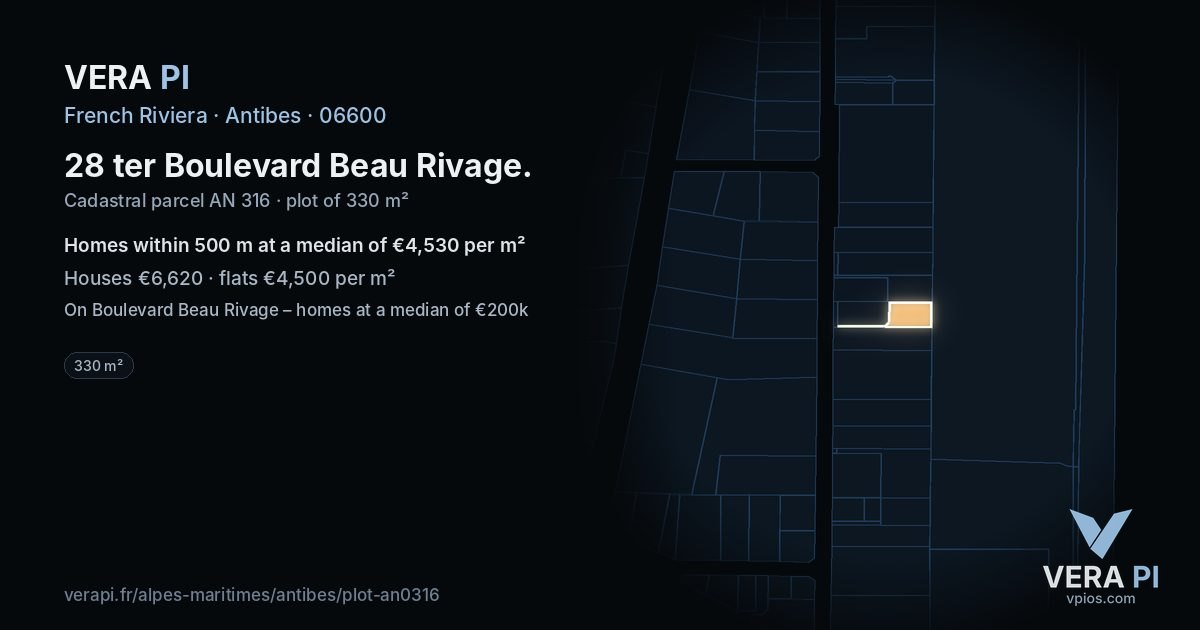 28 ter Boulevard Beau Rivage, Antibes at night – the plot lit, the parcels around coloured by the prices near them