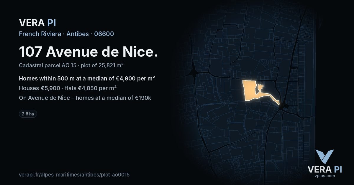 107 Avenue de Nice, Antibes at night – the plot lit, the parcels around coloured by the prices near them