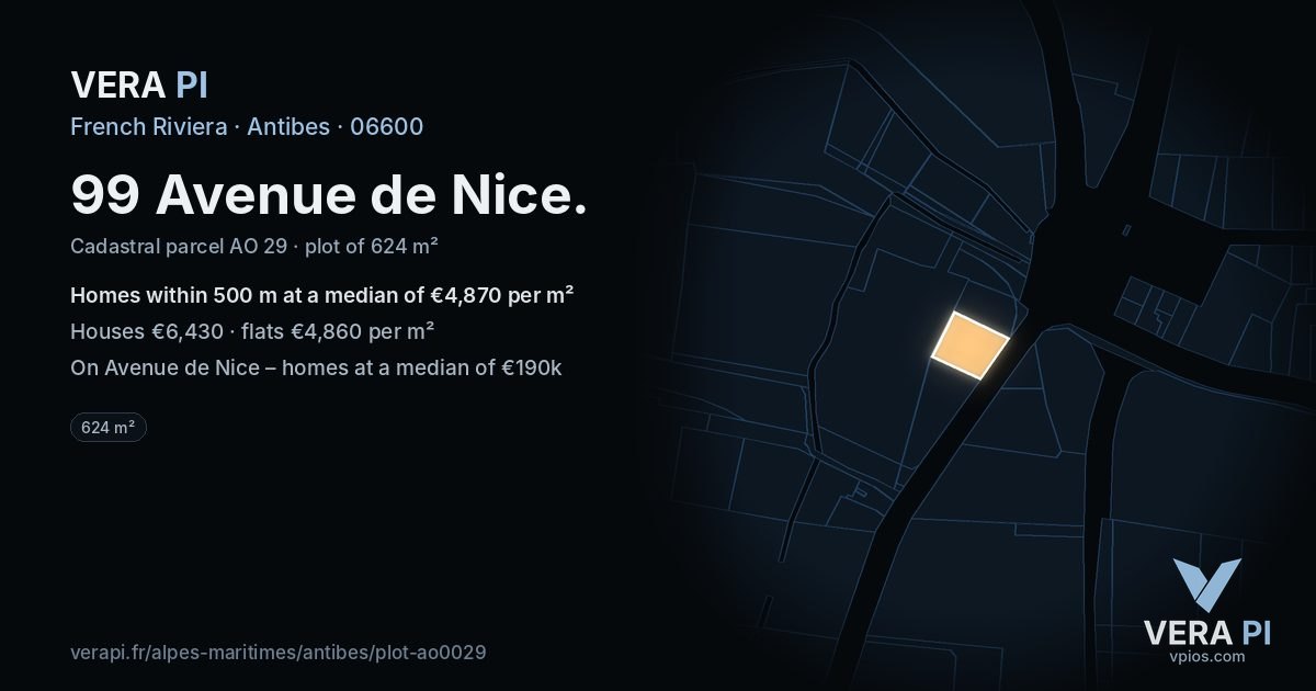 99 Avenue de Nice, Antibes at night – the plot lit, the parcels around coloured by the prices near them