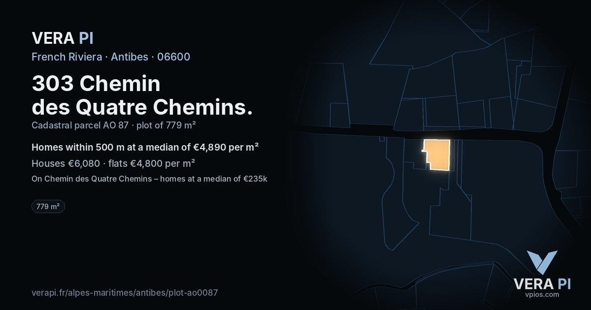 303 Chemin des Quatre Chemins, Antibes at night – the plot lit, the parcels around coloured by the prices near them
