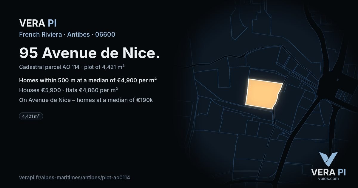 95 Avenue de Nice, Antibes at night – the plot lit, the parcels around coloured by the prices near them